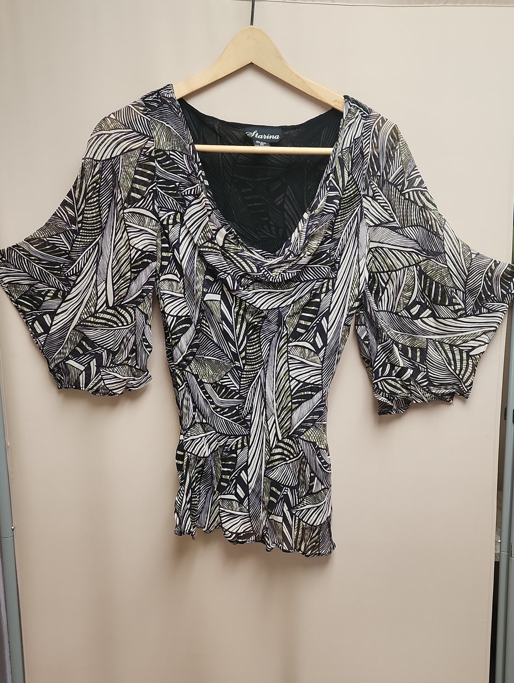 Black & White with green leaf print draped neck Women's Top